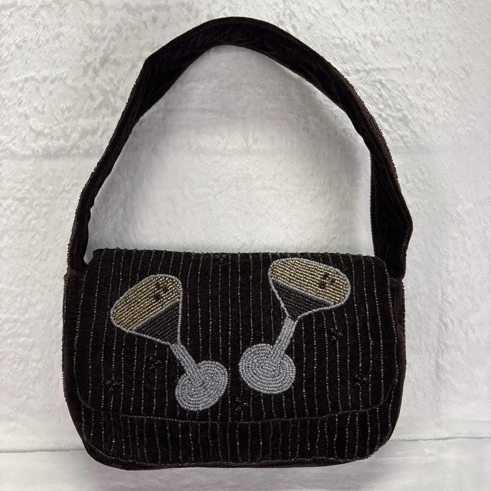 New A New Day Embellished Beaded Martini Evening Handbag Brown Black 11